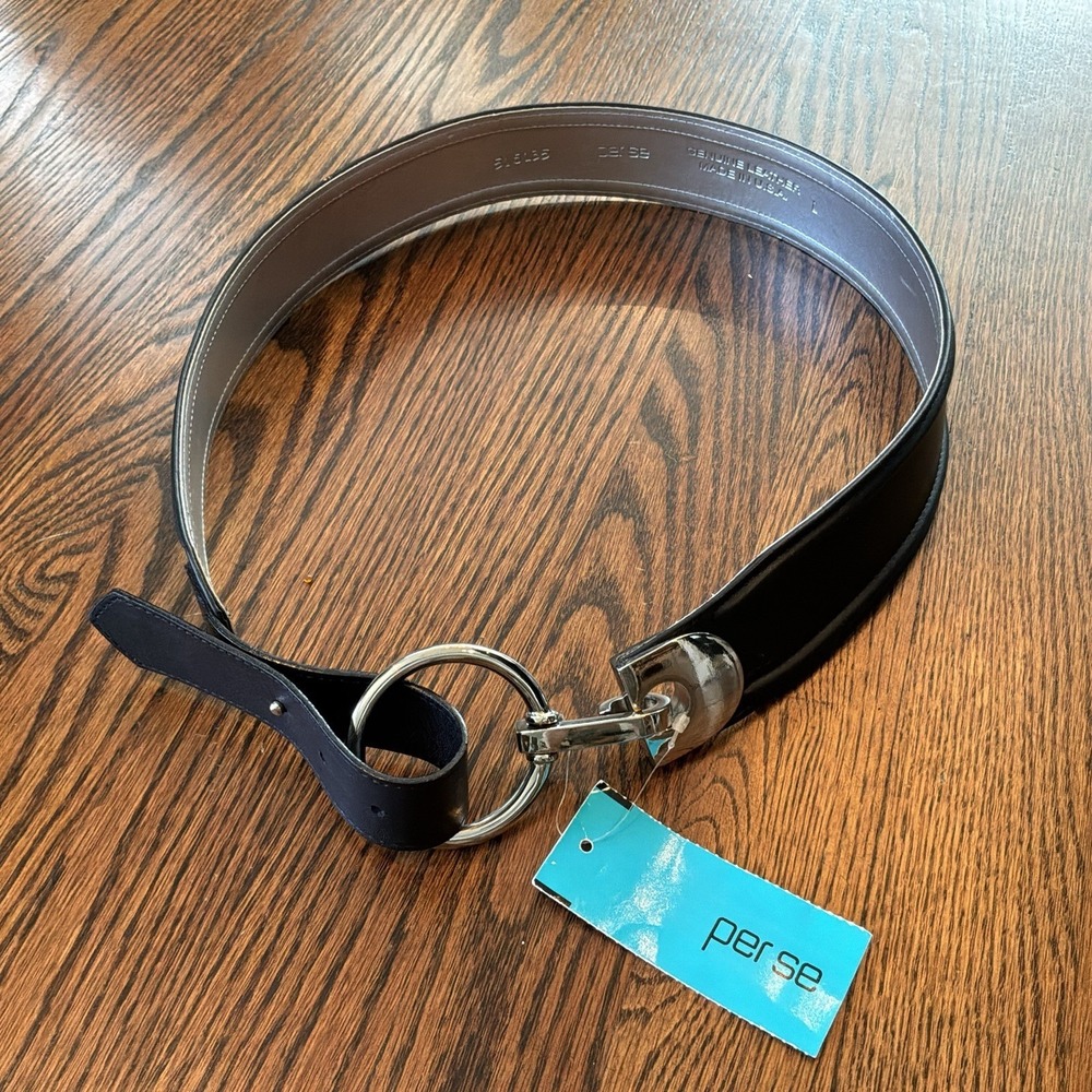 NWT PER SE Black Leather Belt Sz L Voyager Made USA Adjustable NEW